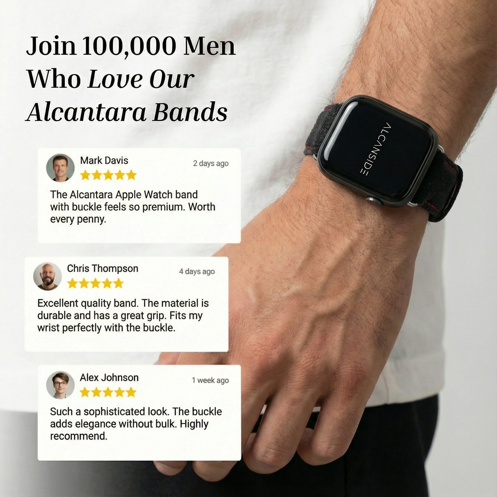 Alcantara Apple Watch Band With Buckle - Space Grey With Red Stitching - 42/44/45/46mm & Ultra (49mm) - Alcanside