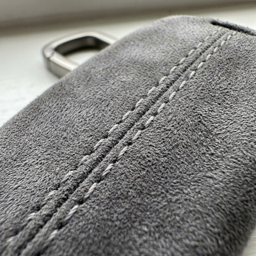 Macro detail of the Alcantara texture and stitching