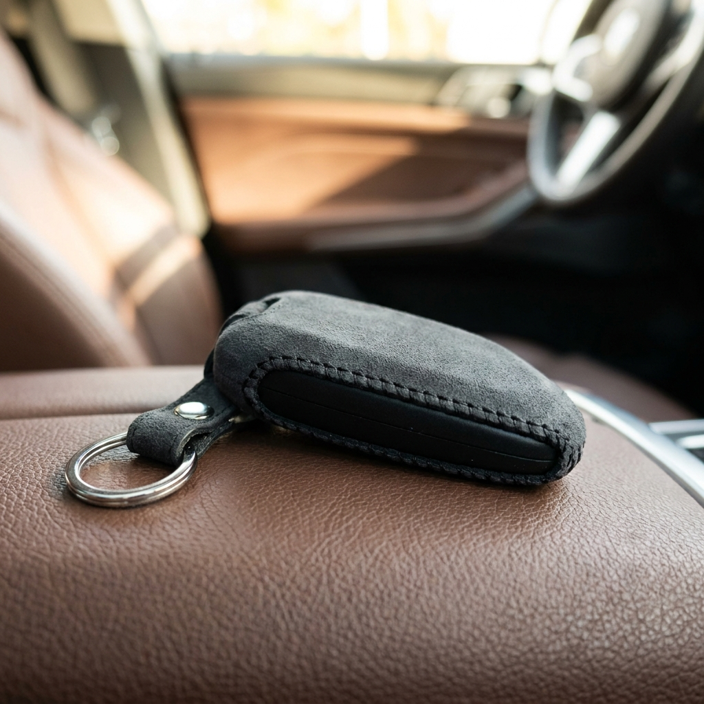 Alcantara key fob cover on a premium car seat