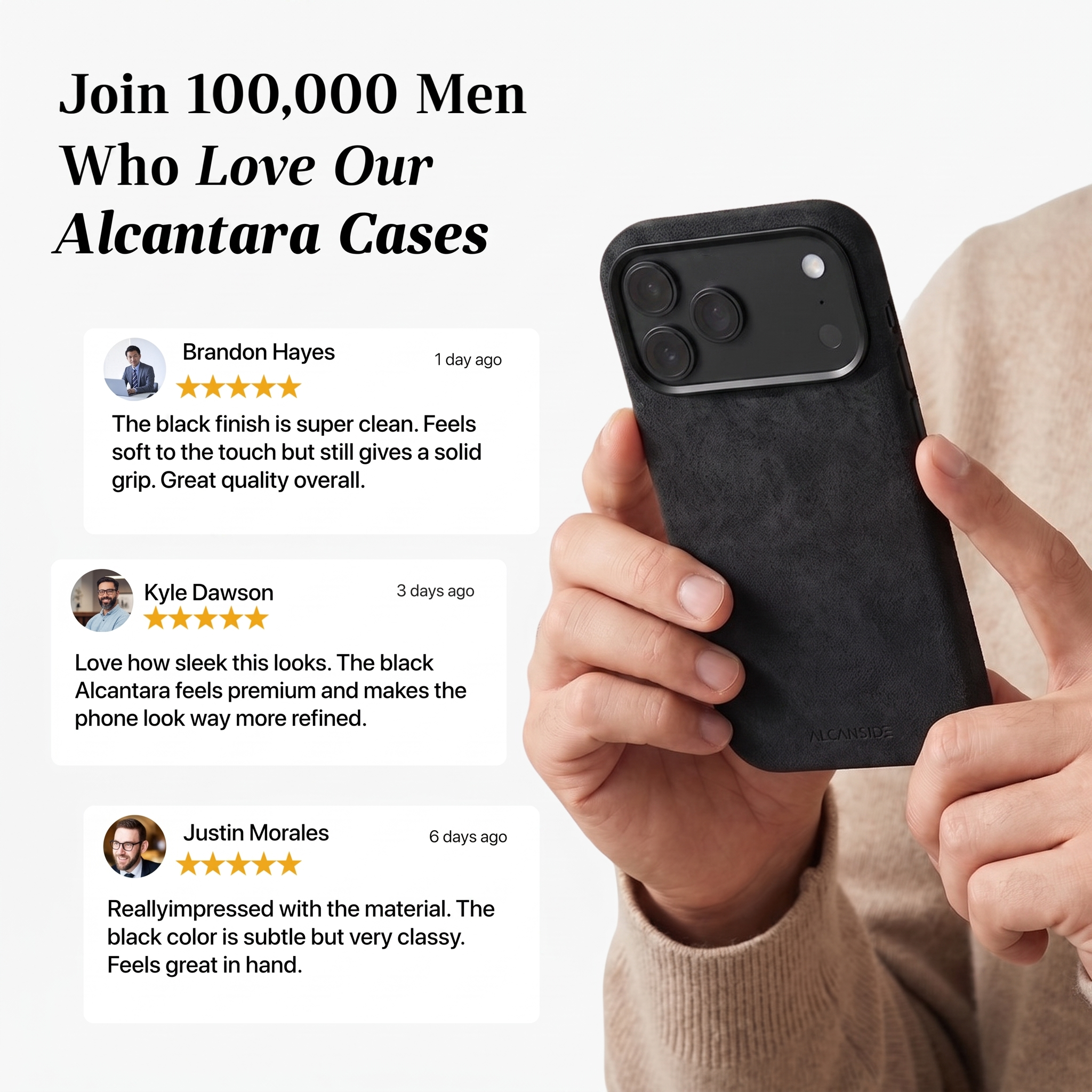 Customer reviews of the Deep Black Alcantara iPhone 18 Pro case