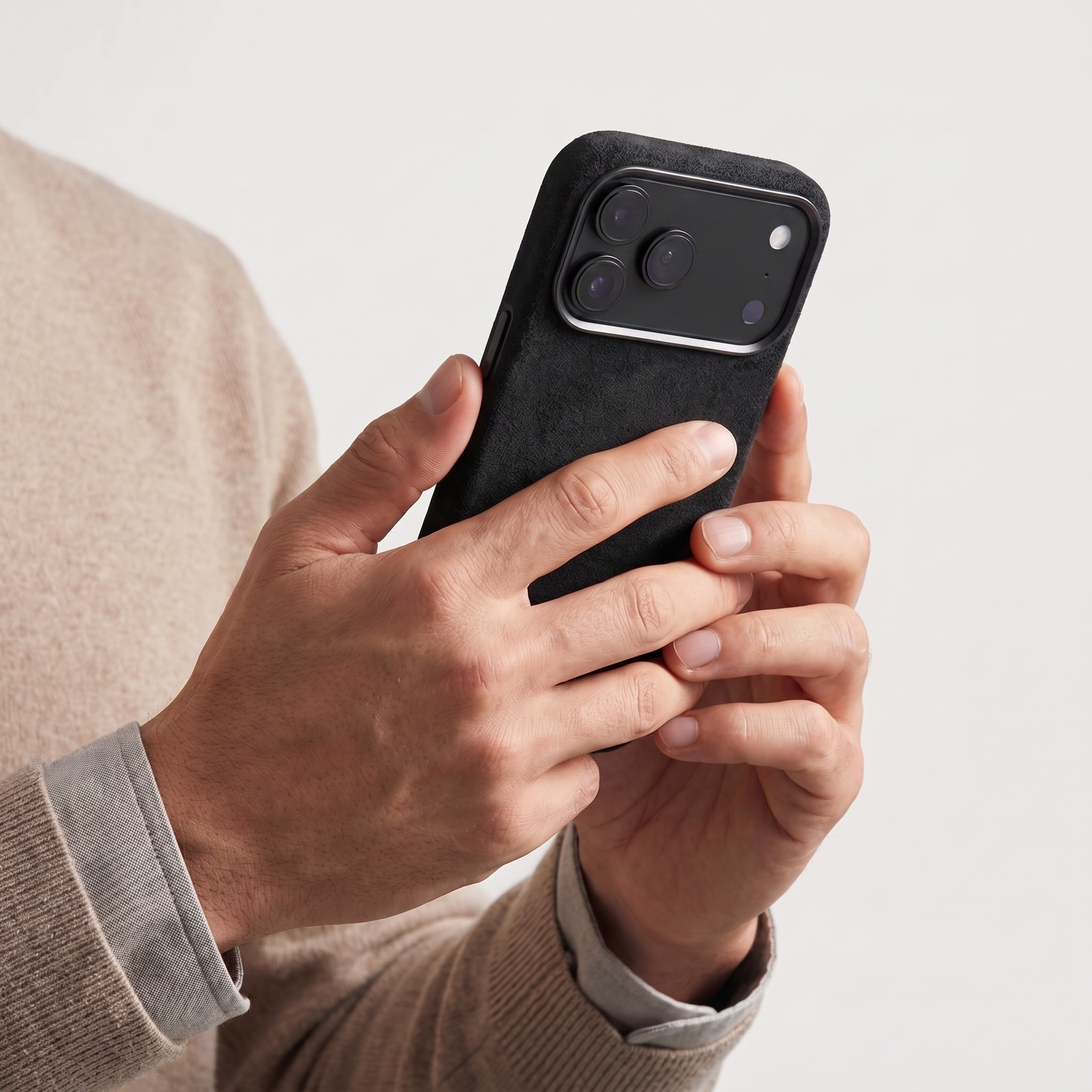 Deep Black Alcantara case for iPhone 18 Pro Max held in hands