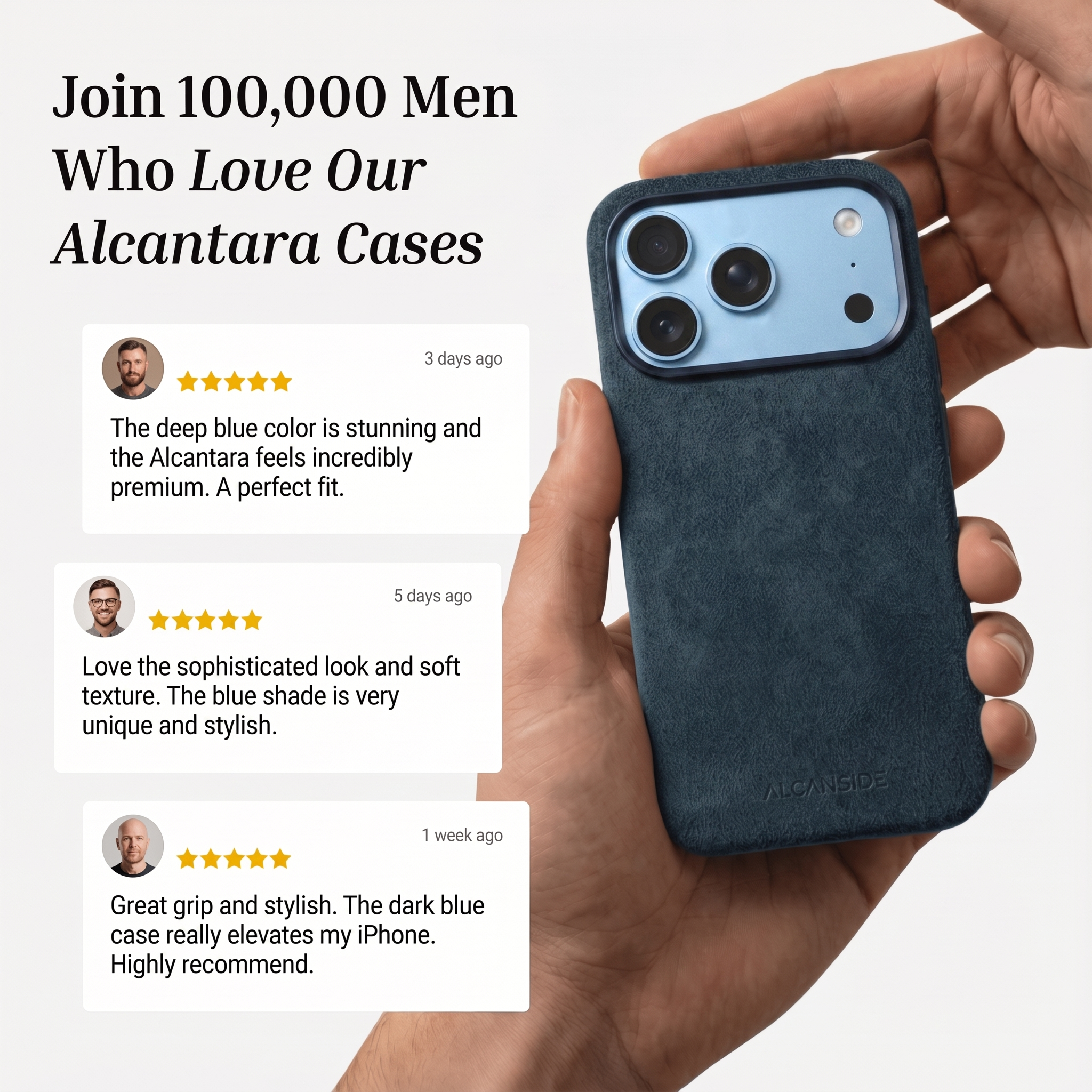 Customer reviews of the Navy Blue Alcantara iPhone 18 Pro case