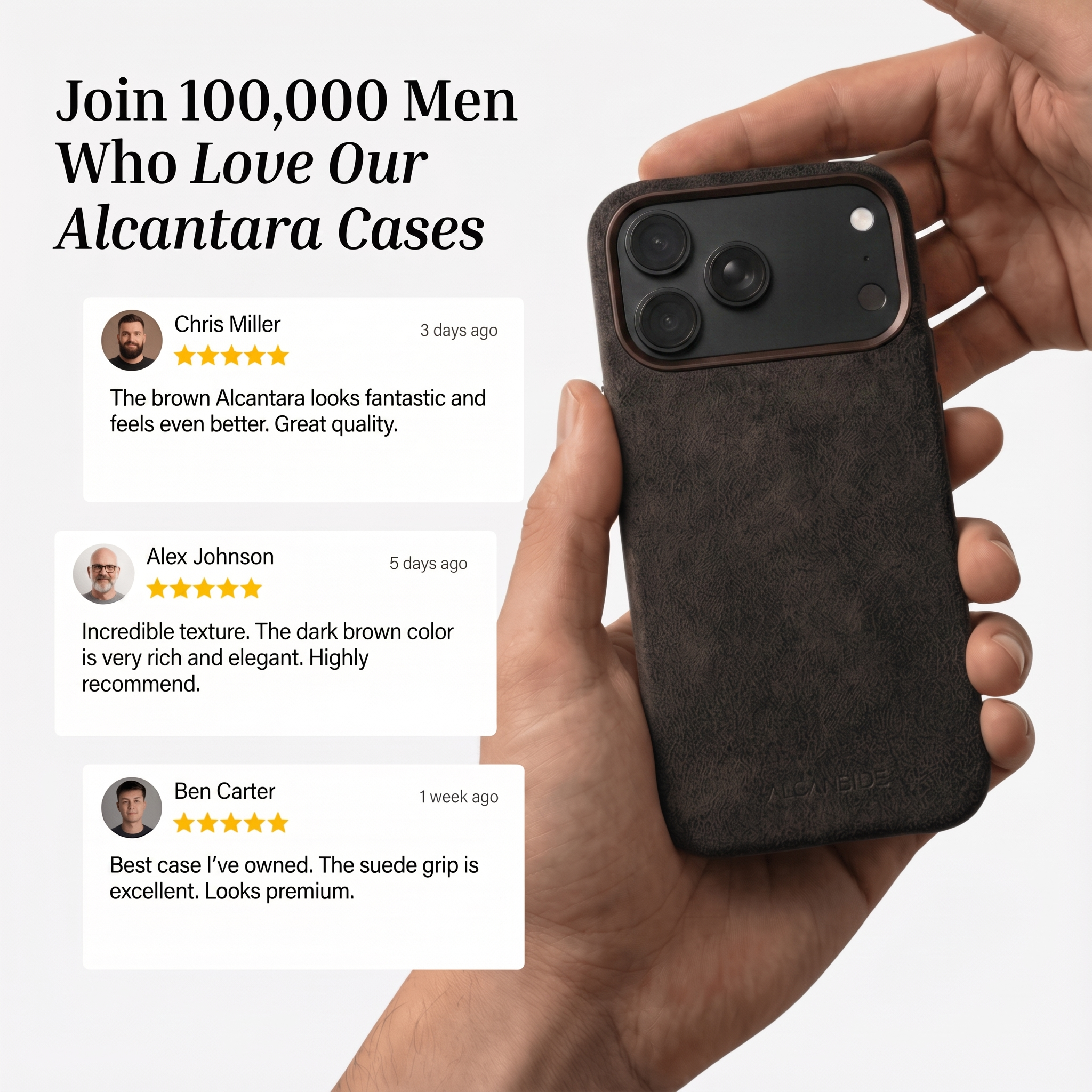 Customer reviews of the Chocolate Brown Alcantara iPhone 18 Pro case