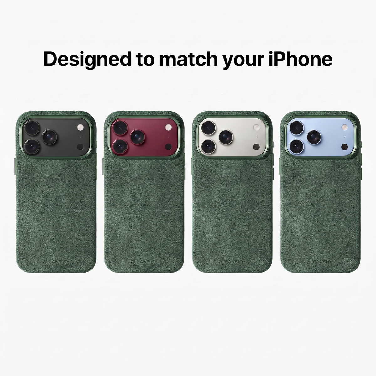 Midnight Green Alcantara cases designed to match every iPhone 18 colour