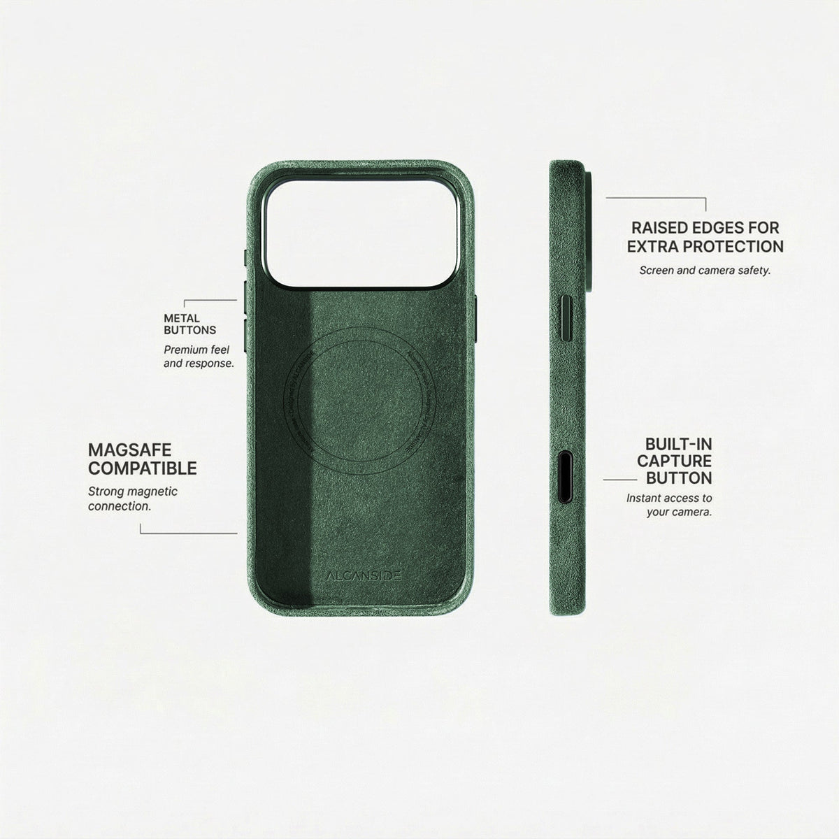 Alcantara iPhone 18 Pro case with MagSafe and metal buttons
