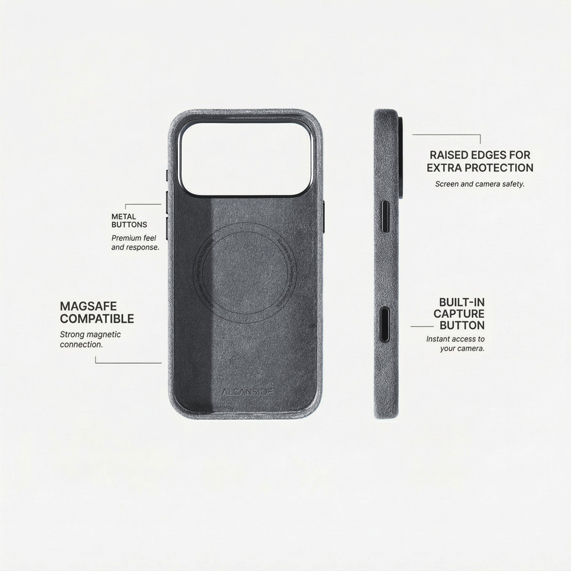 Alcantara iPhone 18 Pro case with MagSafe and metal buttons