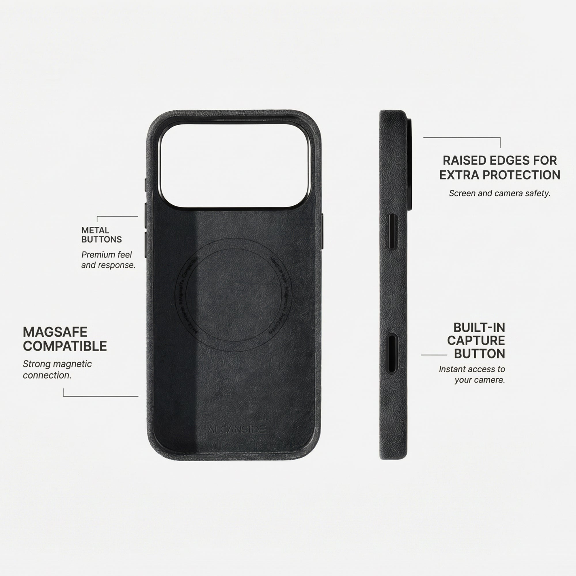 Alcantara iPhone 18 Pro case with MagSafe and metal buttons
