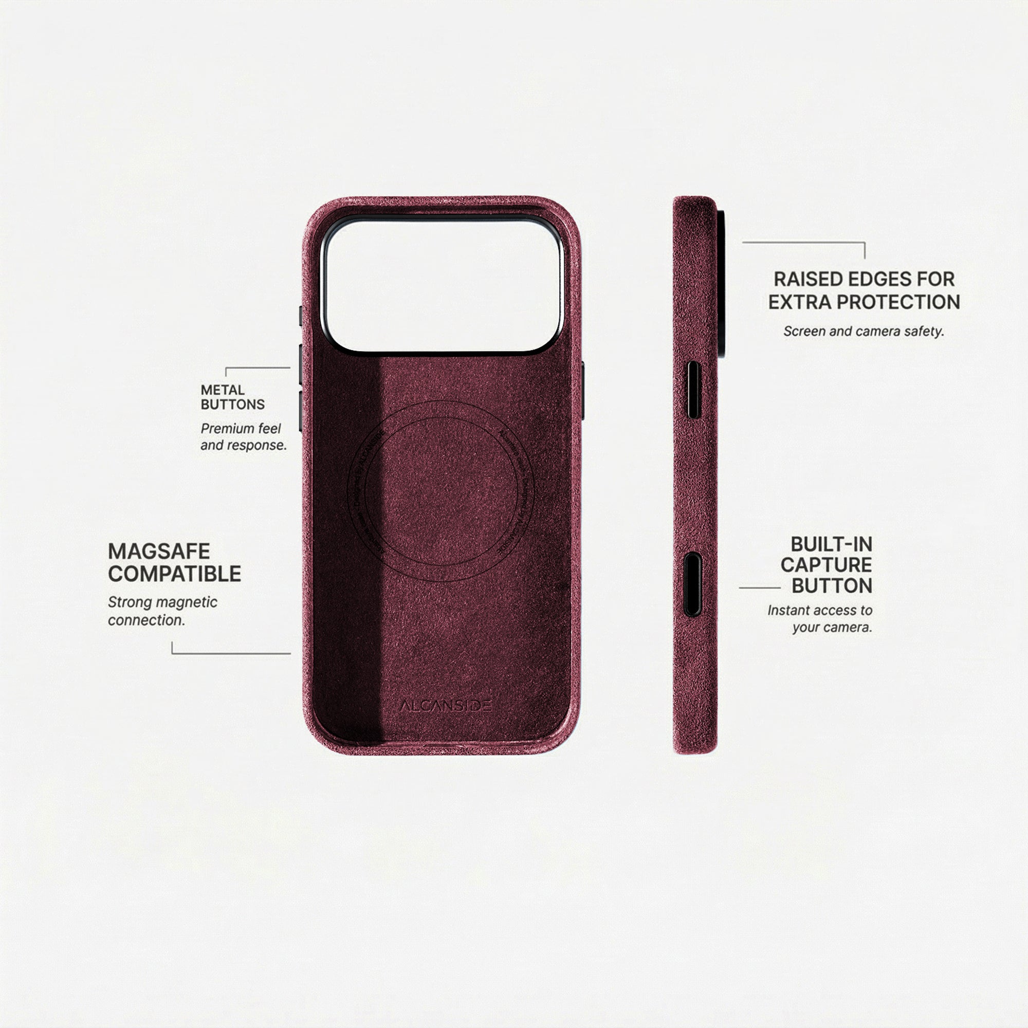 Alcantara iPhone 18 Pro case with MagSafe and metal buttons