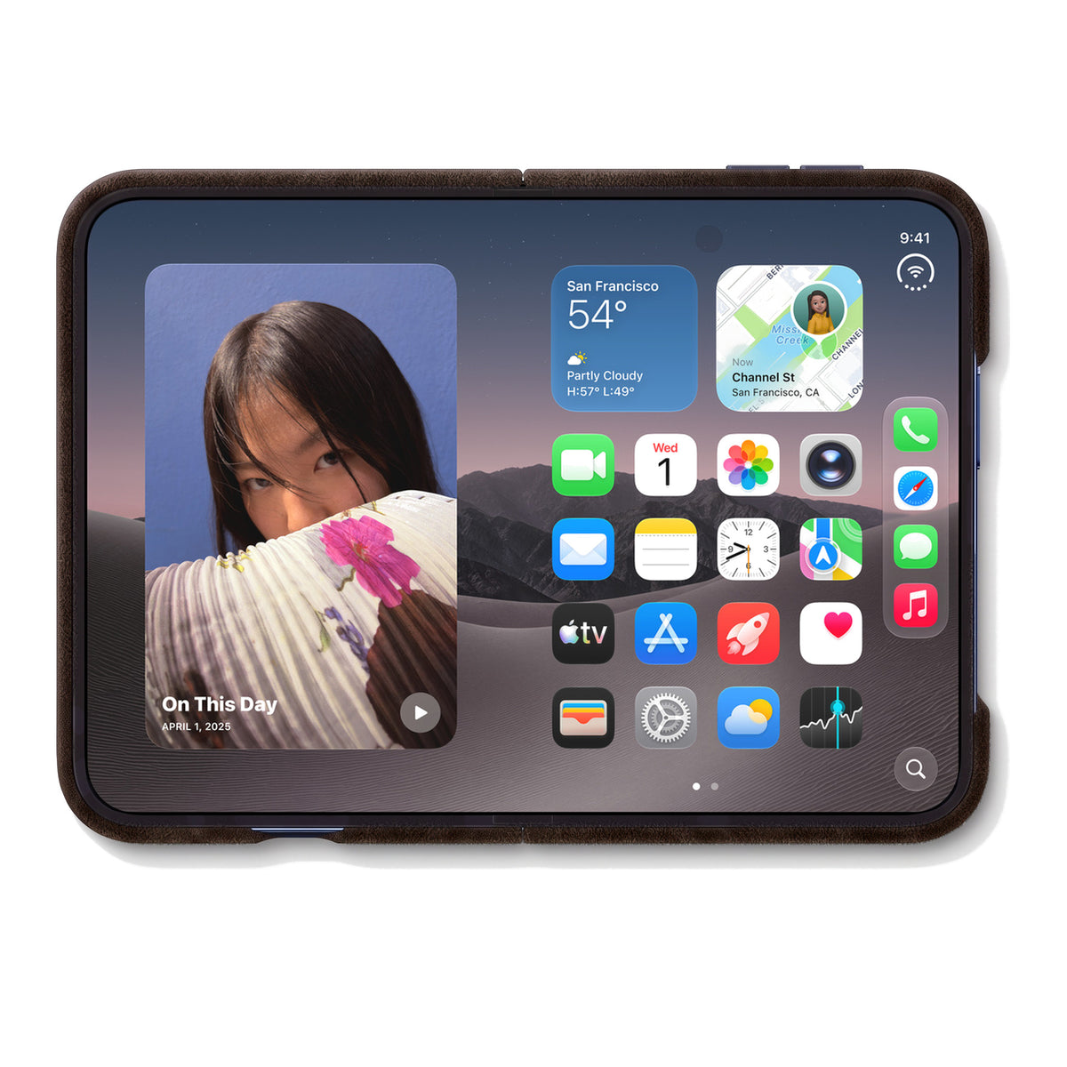 iPhone Duo unfolded in the Chocolate Brown Alcantara case, inner display