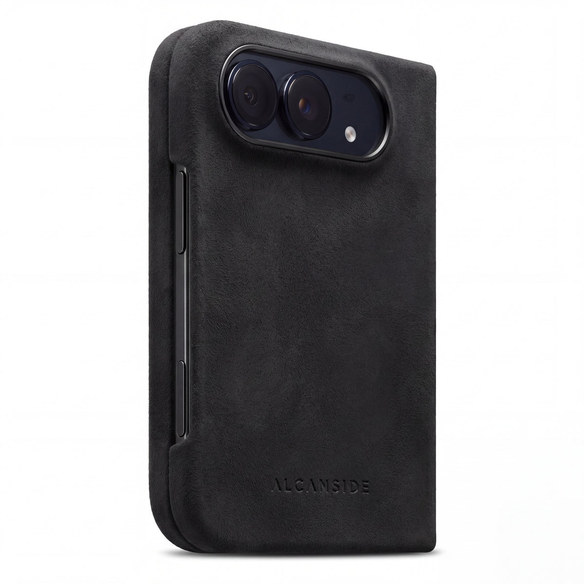 Deep Black Alcantara case for iPhone Duo, folded closed, back view
