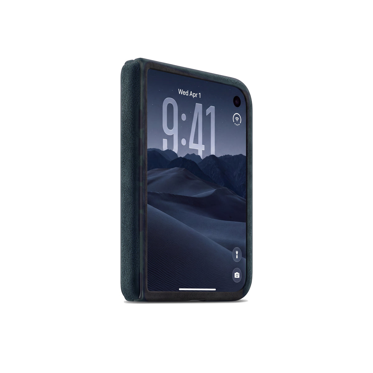 Navy Blue Alcantara case for iPhone Duo, closed, cover display