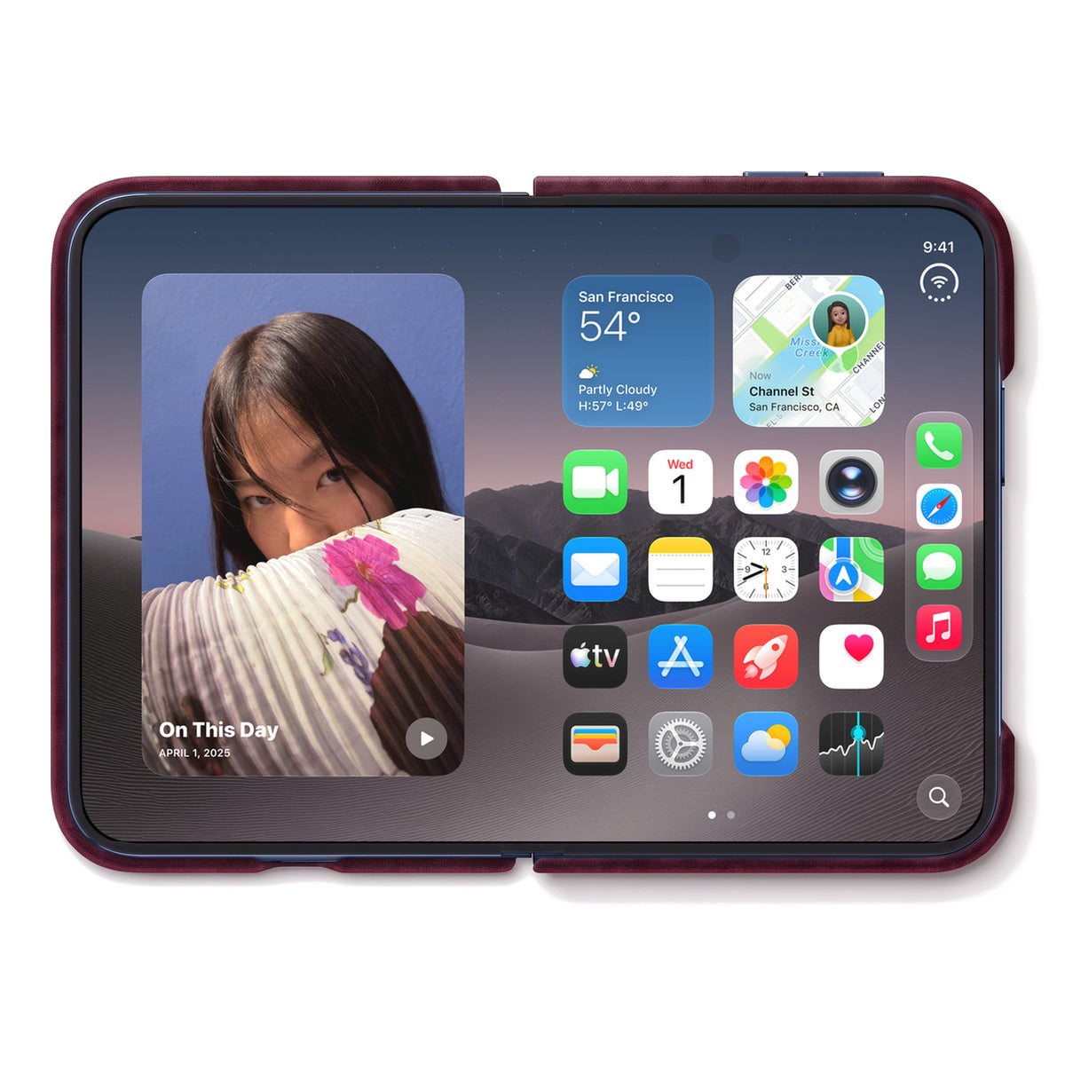 iPhone Duo unfolded in the Wine Red Alcantara folio case