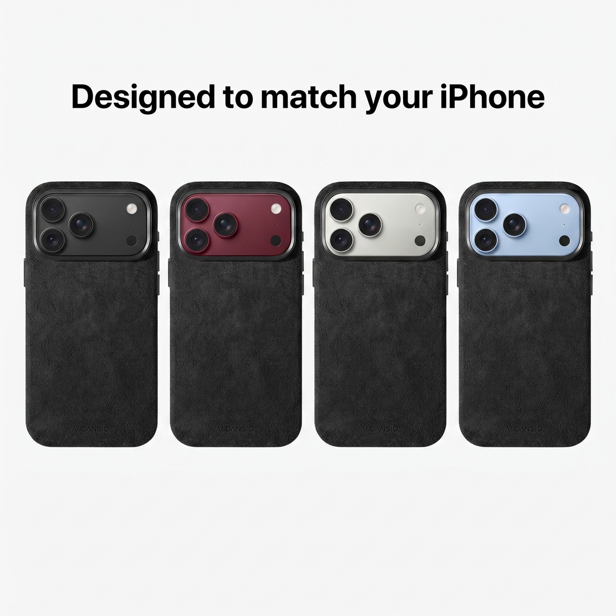 Deep Black Alcantara cases designed to match every iPhone 18 colour