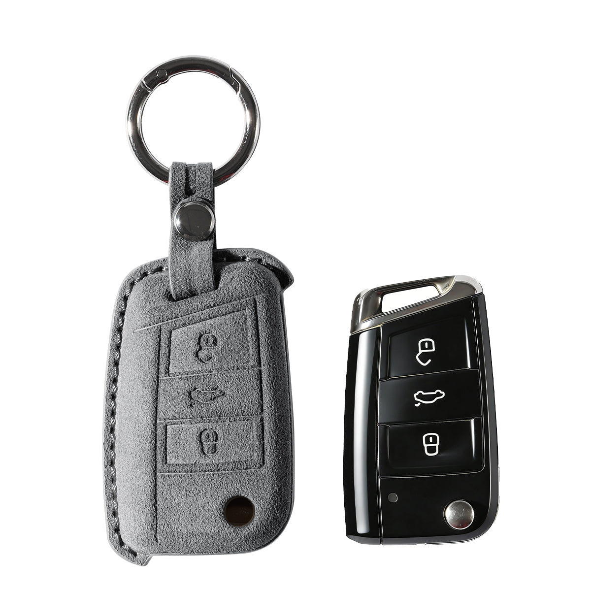 Alcantara Car Key Fob Cover for Volkswagen Model A with Buckle - Space Grey - with key
