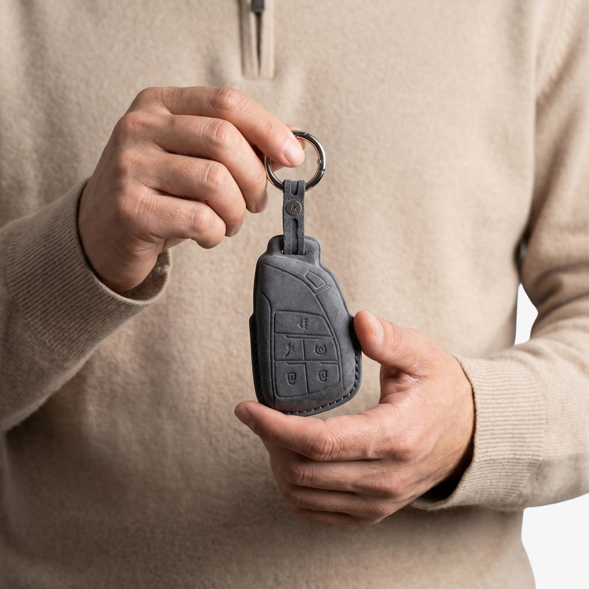 Buick Model I Alcantara key cover in Space Grey, in hand