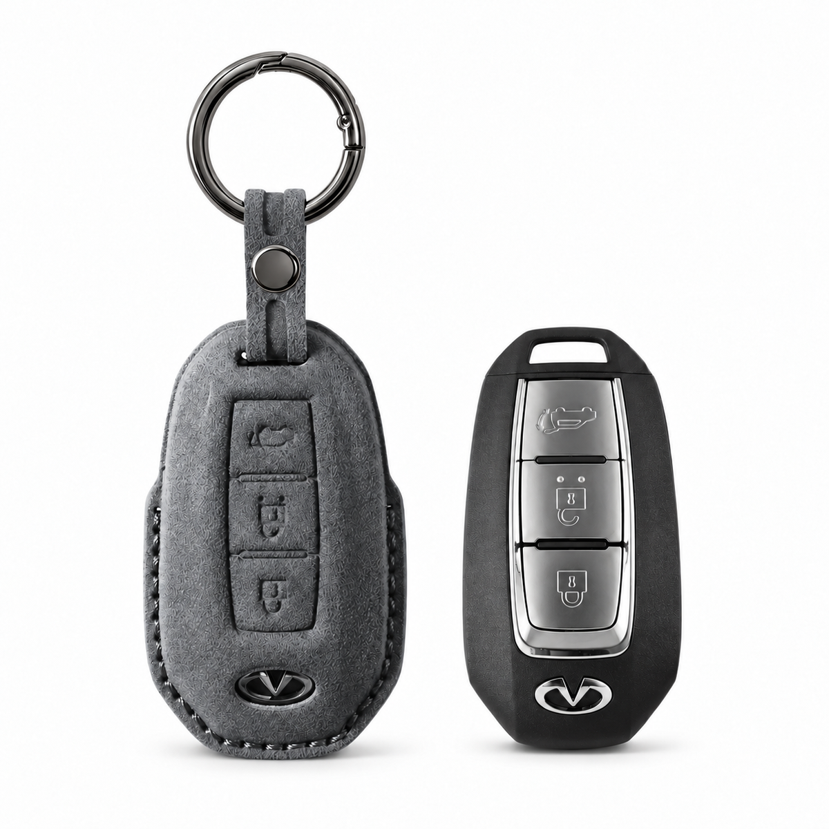 Infiniti Model A Alcantara key cover in Space Grey, front with logo opening and matching key