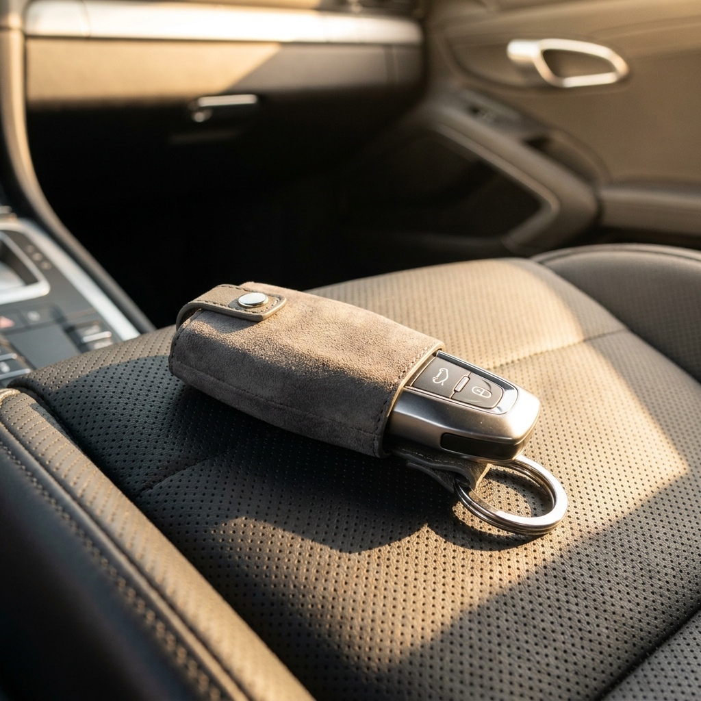 Alcantara key fob cover on a premium car seat