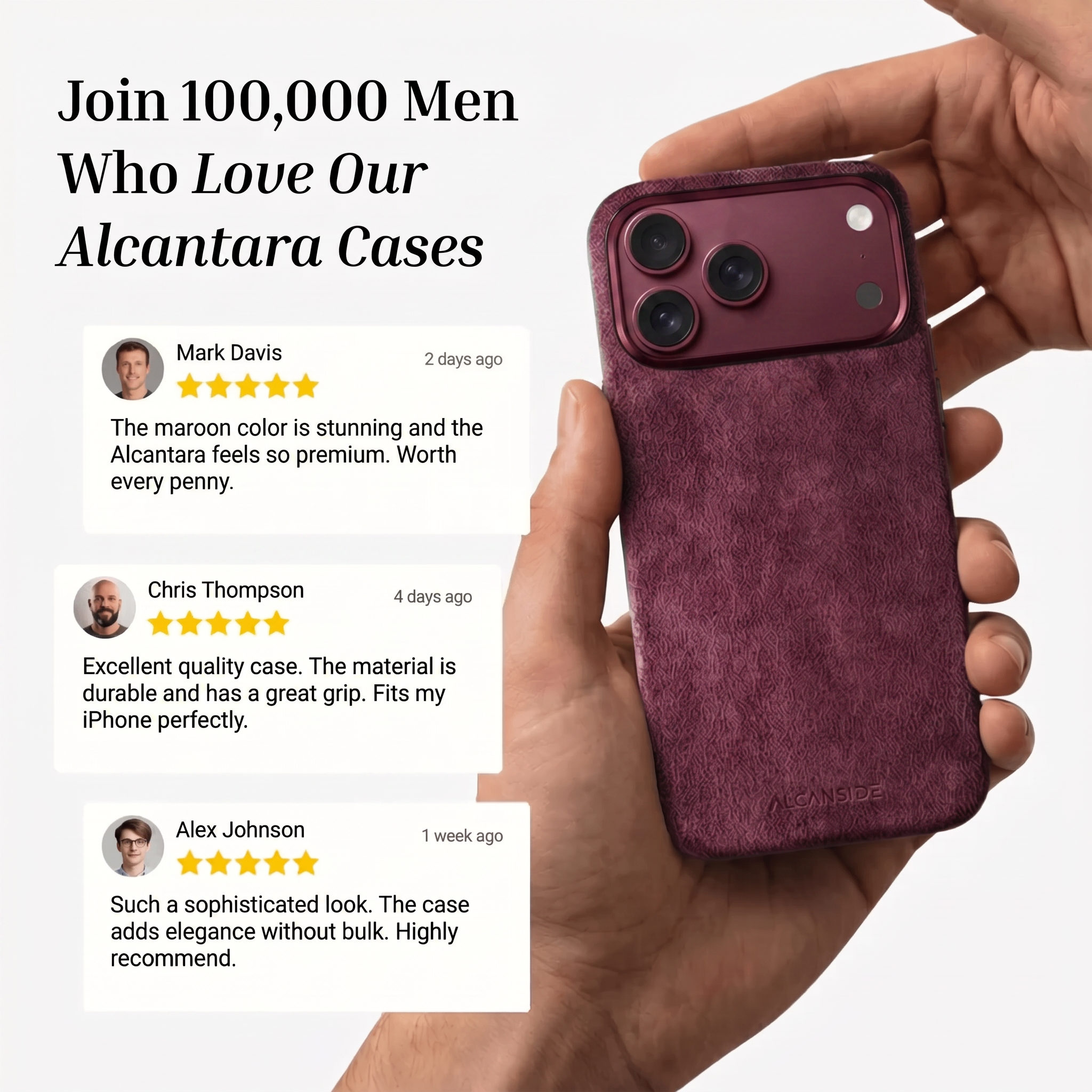 Customer reviews of the Wine Red Alcantara iPhone 18 Pro Max case