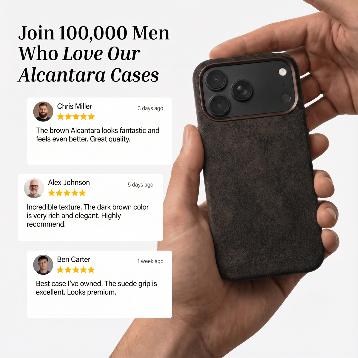 Customer reviews of the Chocolate Brown Alcantara iPhone 18 Pro case