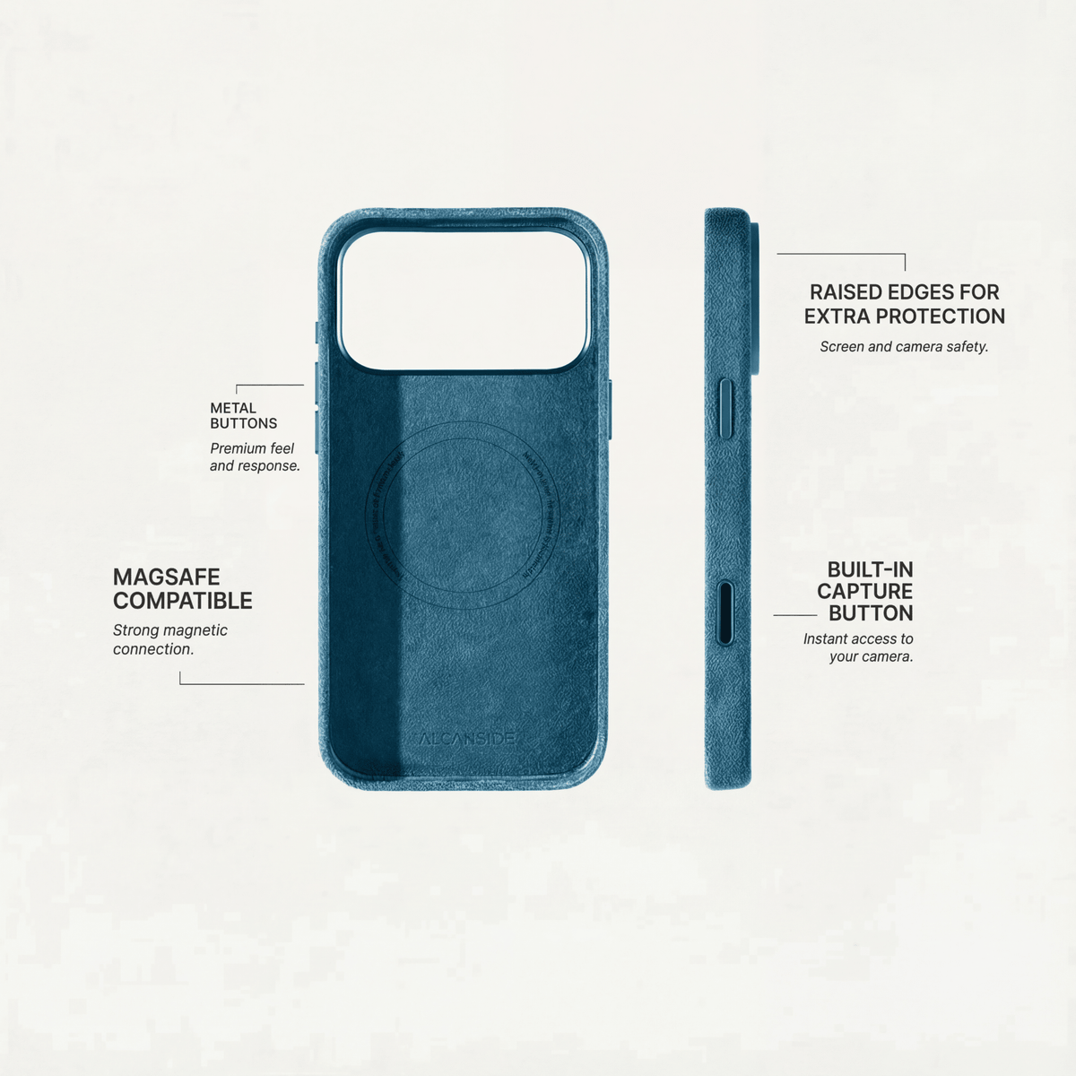 Alcantara iPhone 18 Pro case with MagSafe and metal buttons
