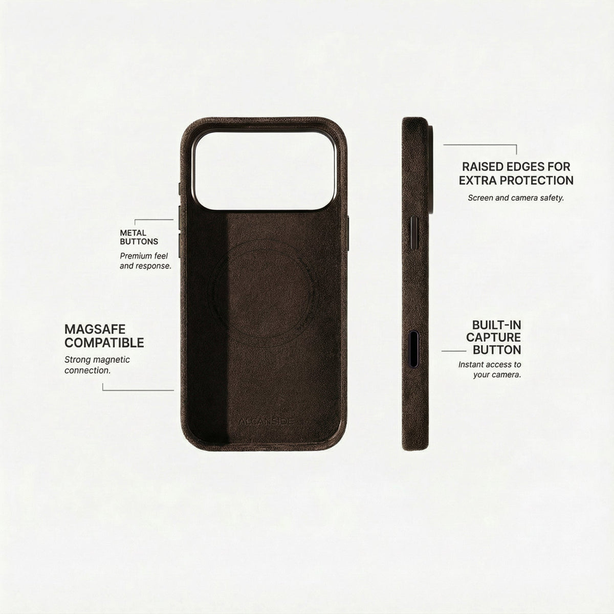 Alcantara iPhone 18 Pro Max case with MagSafe and metal buttons