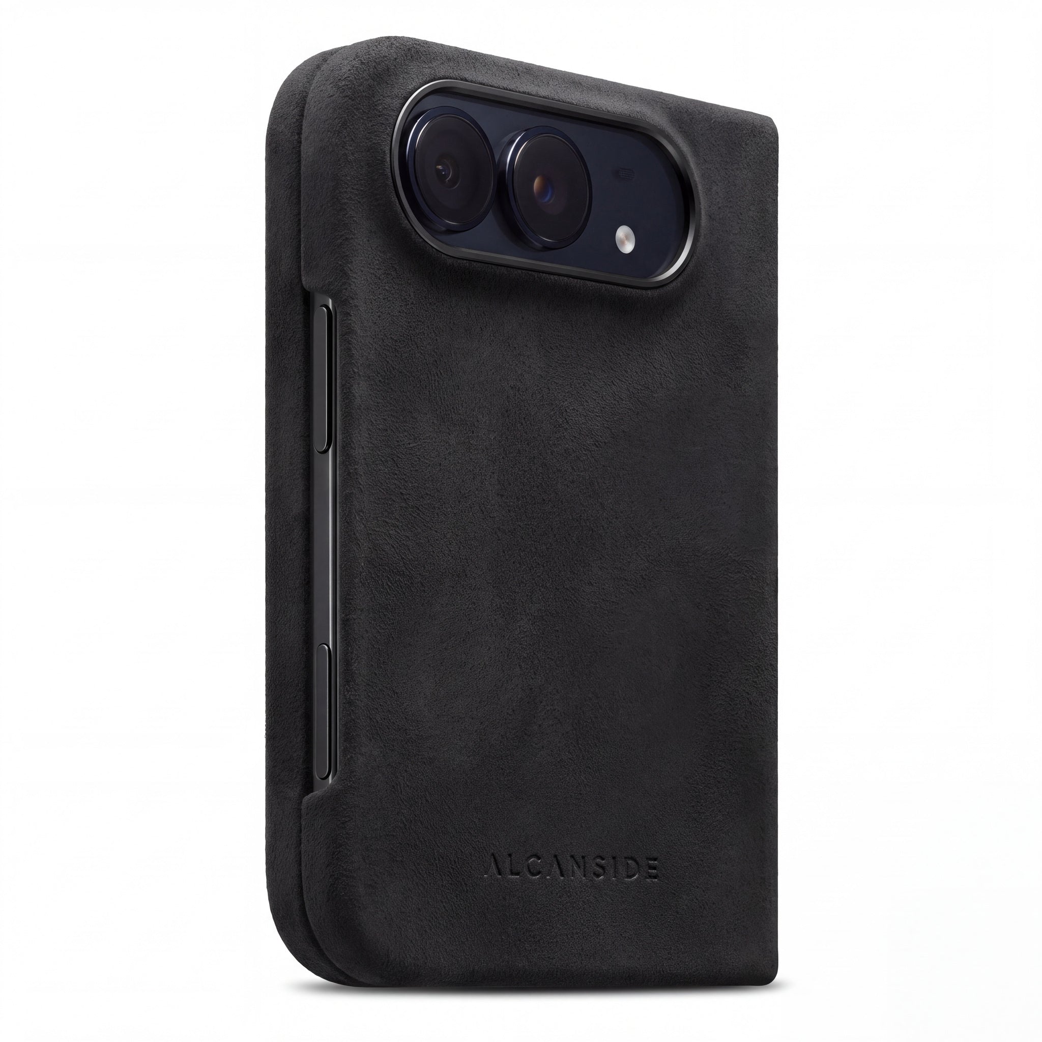 Deep Black Alcantara case for iPhone Duo, folded closed, back view
