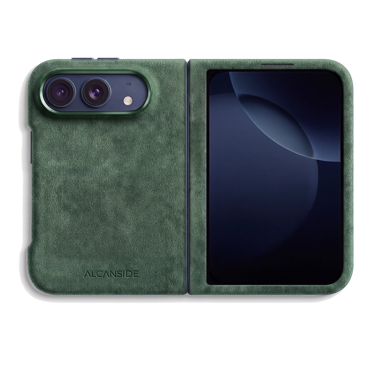 Midnight Green Alcantara case for iPhone Duo, unfolded, back with the camera