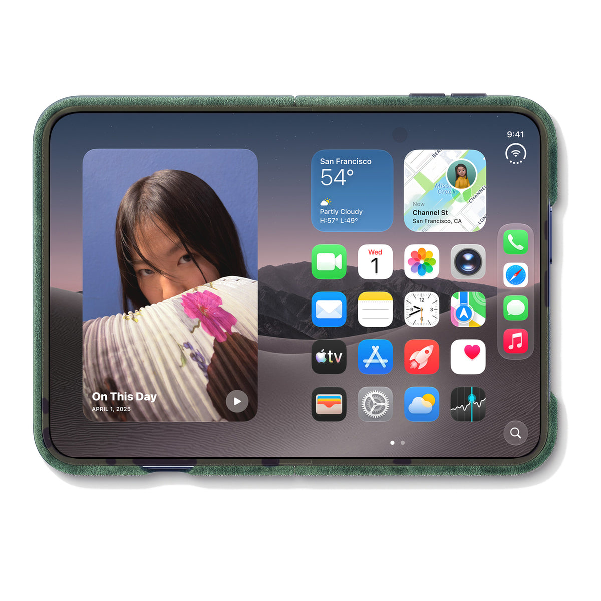 iPhone Duo unfolded in the Midnight Green Alcantara case, inner display