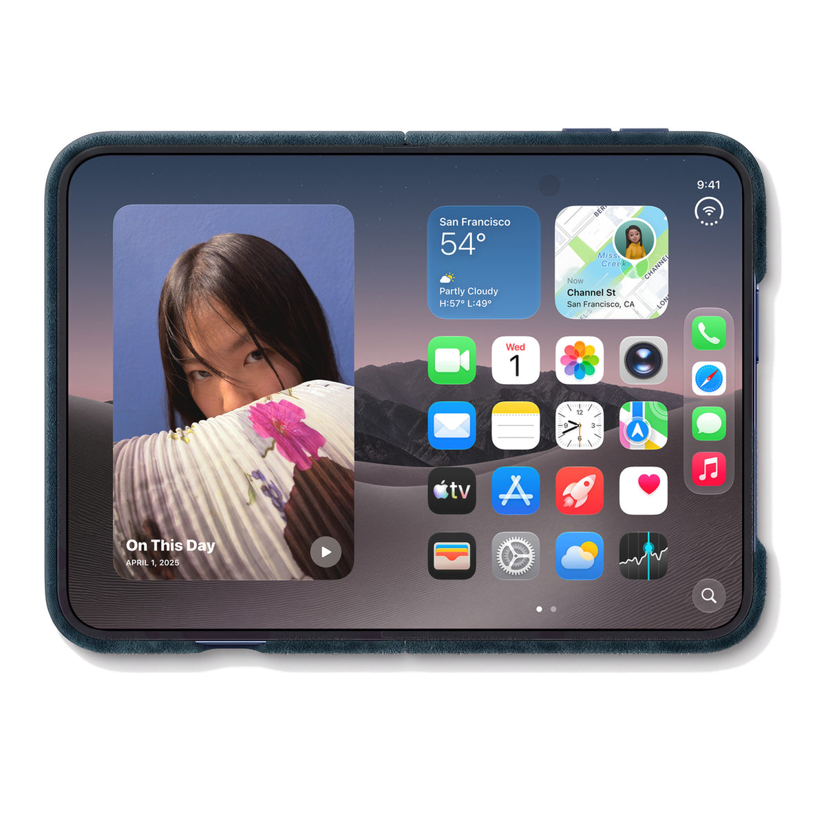 iPhone Duo unfolded in the Navy Blue Alcantara case, inner display