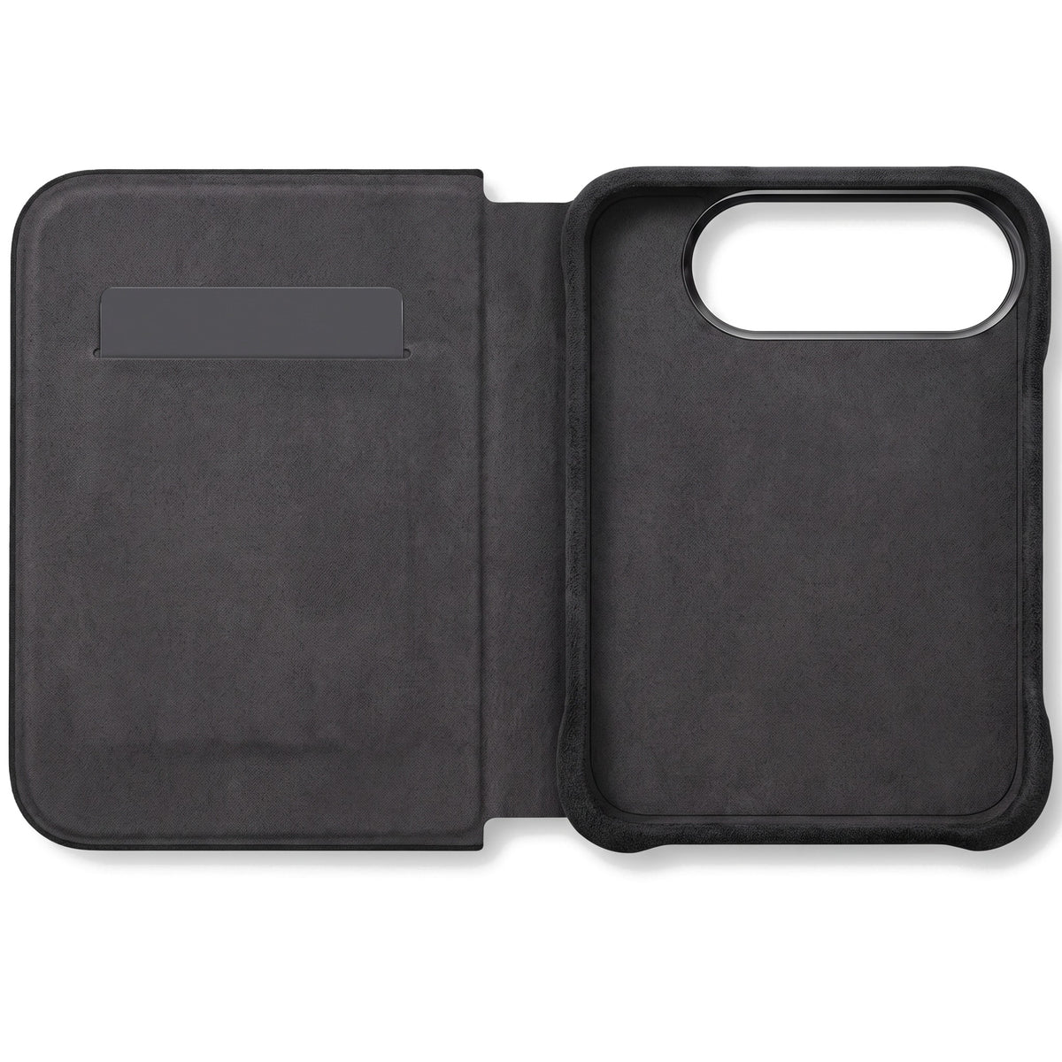 Deep Black Alcantara folio case for iPhone Duo, opened with the card slot