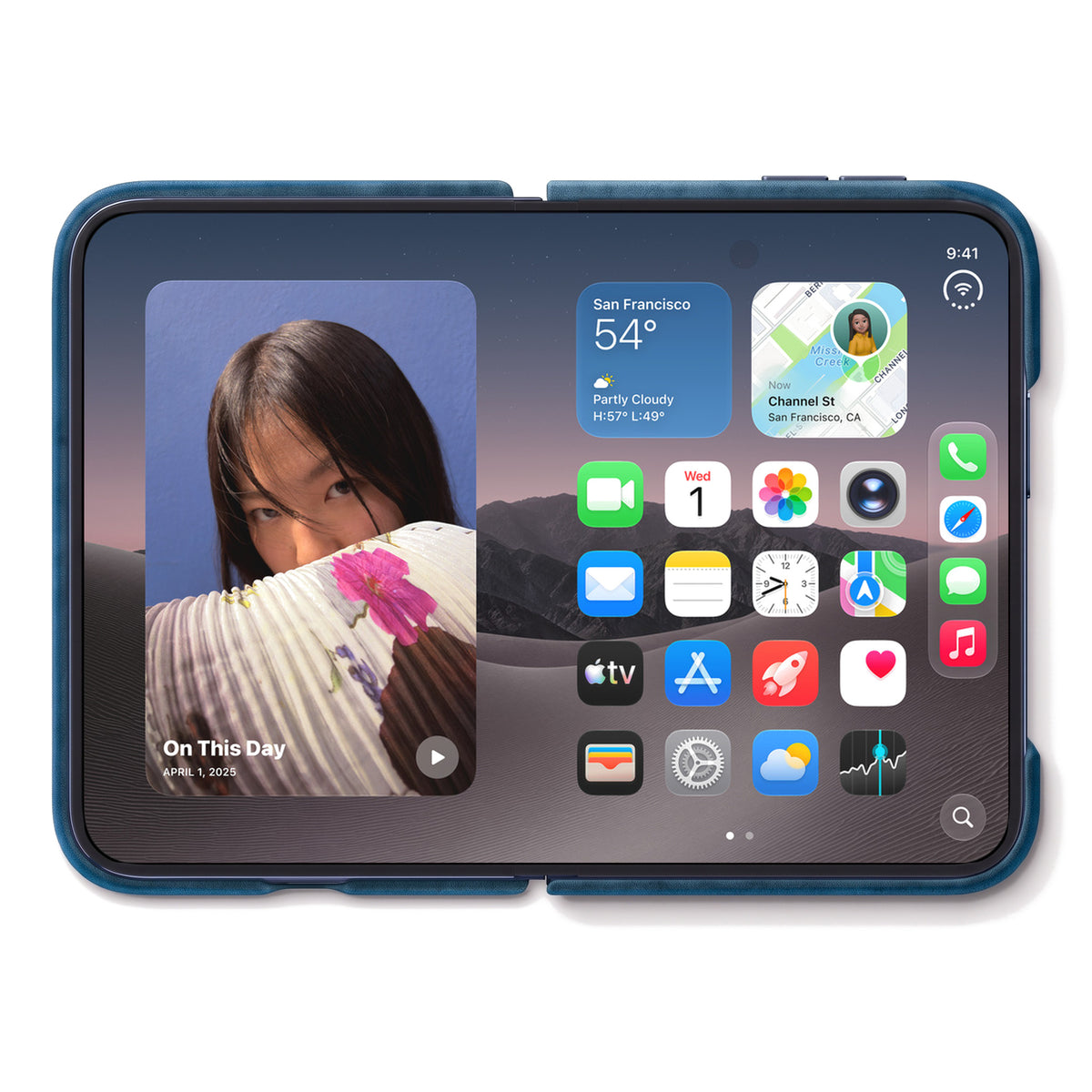 iPhone Duo unfolded in the Ocean Blue Alcantara folio case