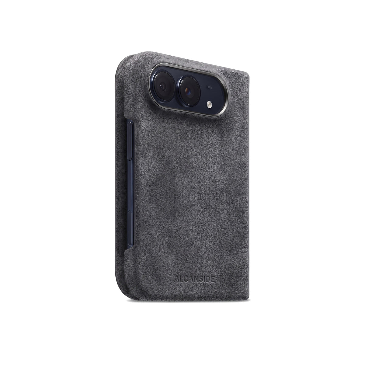 Space Grey Alcantara folio case for iPhone Duo, side view with the button cutout