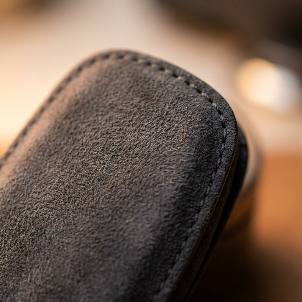 Macro detail of the Alcantara texture and stitching